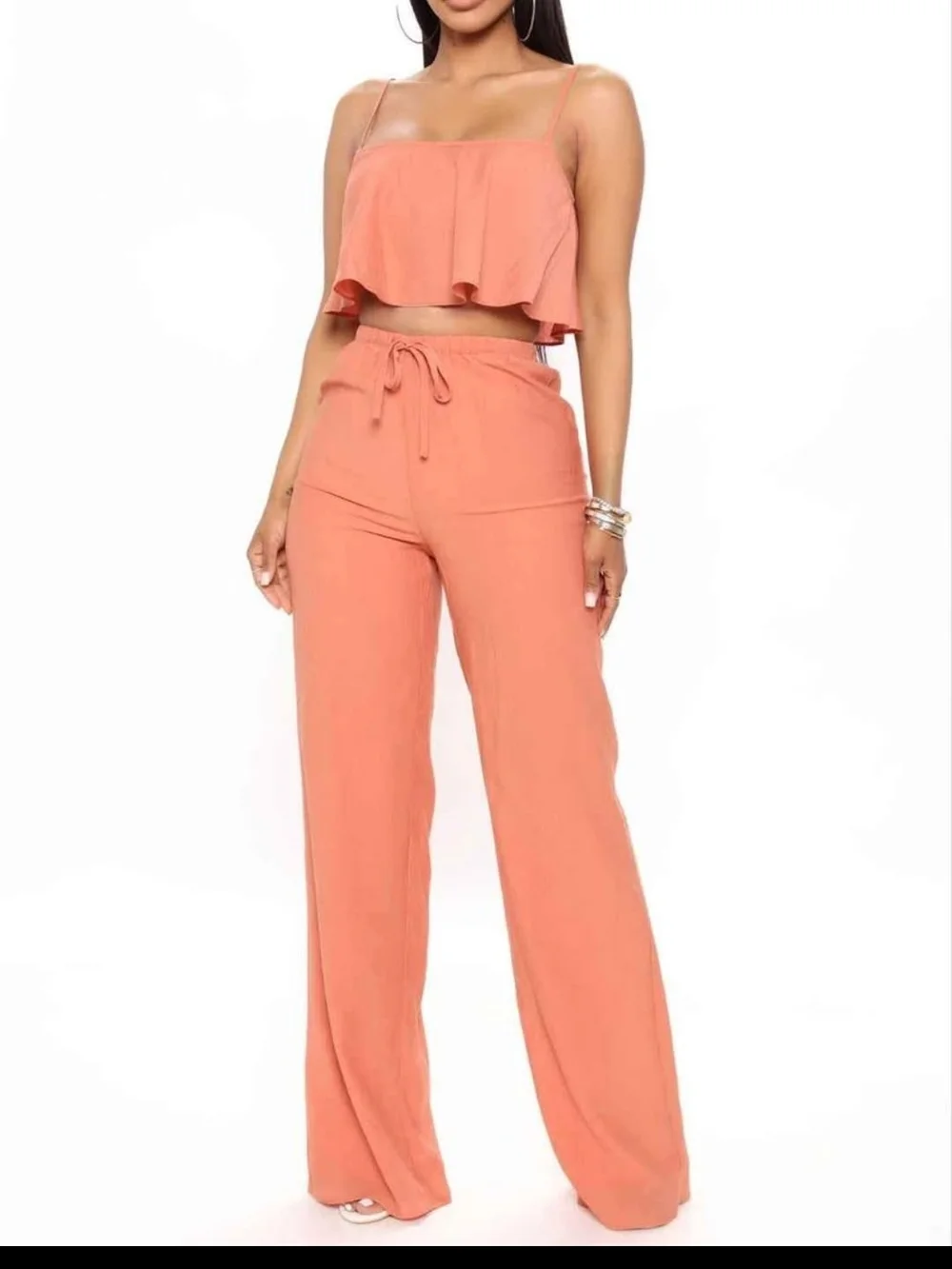 Fashion Nova Coral Wide Leg Drawstring Pant 2-Piece Set
